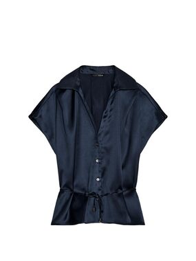 Silky Navy Short-Sleeve Drawstring Blouse